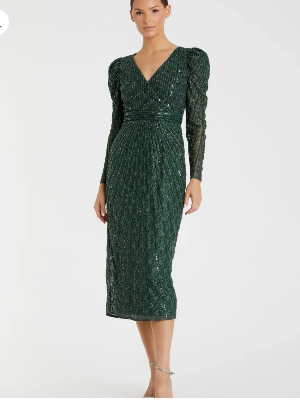 Mac Duggal Green Beaded Lace Long Sleeve Sheath Midi Dress Sz 4 NWT $538 93676